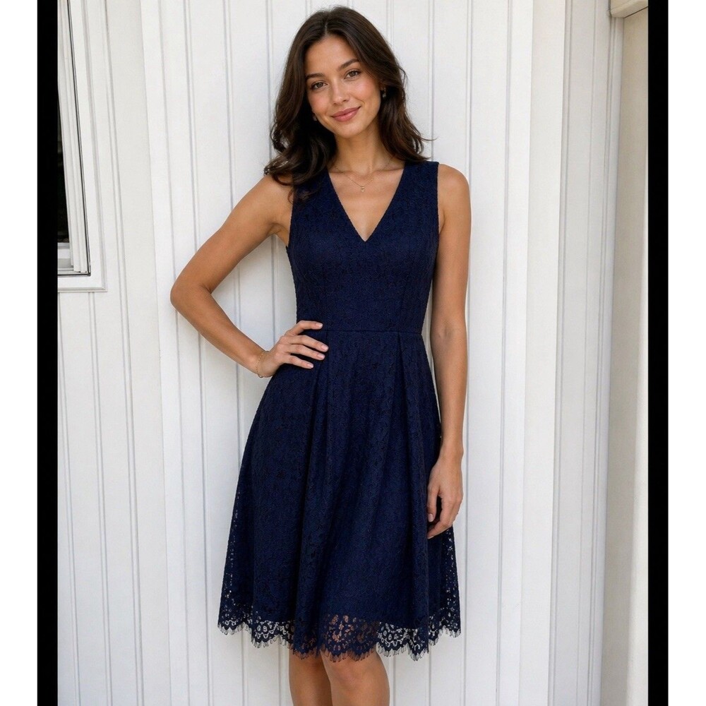 Anthropologie Seen Worn Kept Sz 6 Dress Lace Navy Blue Midi Cocktail Party